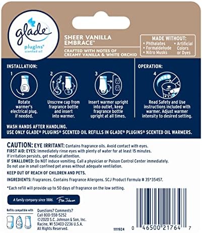 Glade PlugIns Refills Air Freshener, Scented and Essential Oils for Home and Bathroom, Sheer Vanilla Embrace, 1.34 Oz, 2 Count