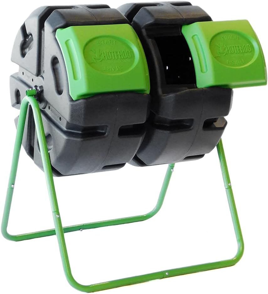 FCMP Outdoor HOTFROG 37-Gallon Dual-Chamber Tumbling Composter, Black/Green (HF-DBC4000) - UV-Inhibited, BPA-Free, Compost Bin for Garden