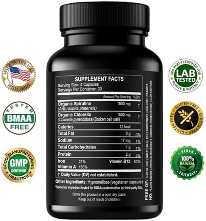 Chlorella Spirulina Powder Capsules 3000 mg of BMAA Free Purest Blue Green Algae - Best Natural Detox Raw Vegan Vitamins Protein Green Superfood
