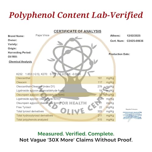 Papa Vince Hydroxytyrosol Lab-Verified Olive Oil - Drinking EVOO, Fresh Taste, High in Polyphenols, First Cold Press, Family Harvest, Sicily, Italy