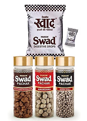 Swad MAHA SAVER PACK- Swad 25 Candy Pouchwith 3 premium bottles of Swad Pachak - ANARDANA, JEERA GOLI & KHATTA MEETHA KHAJOOR (Pack of 3)