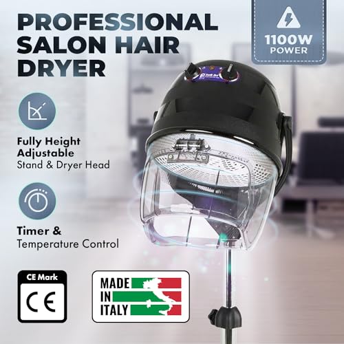 514 Kwik Dri Professional Salon Hooded Hair Dryer 1100W Black | Italian-Made CE Certified, Adjustable Height And Hood, 0–60 Min Timer, Temp Dial