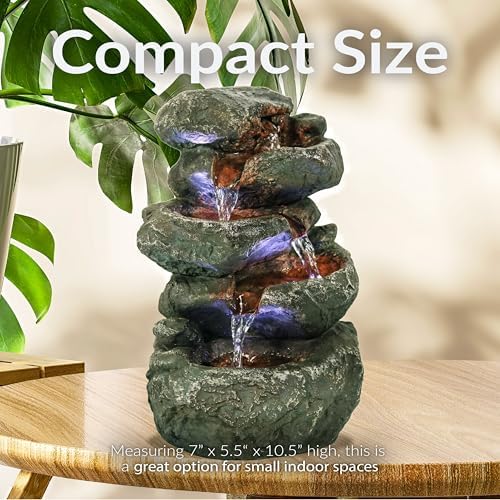 Sunnydaze 10" 5-Step Tabletop Water Fountain with LED Lights, Stacked Rocks | Rock Water Fountain with Calm Sounds for Meditation