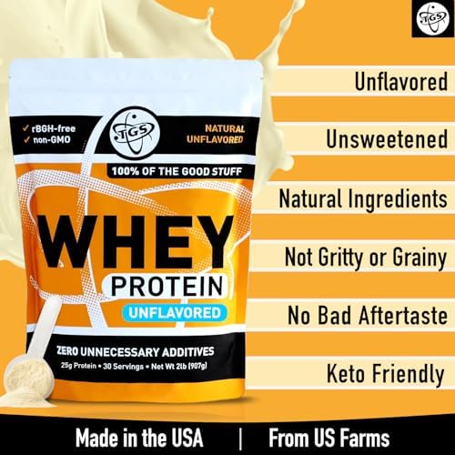 Whey Protein Powder Unflavored, Unsweetened - No Artificial Ingredients for Men & Women - 2lb Soy-Free, No Gluten, Keto Friendly - Post Workout Muscle Recovery