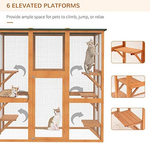 PawHut Outdoor Cat House Big Catio w/Large Spacious Interior 71" L Orange | Wooden Feral Cat Shelter Enclosure, 6 High Ledges