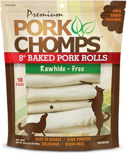 Pork Chomps Rawhide Free Pork Skin Dog Chews, Chicken Wrap, 8in Rolls, 2ct