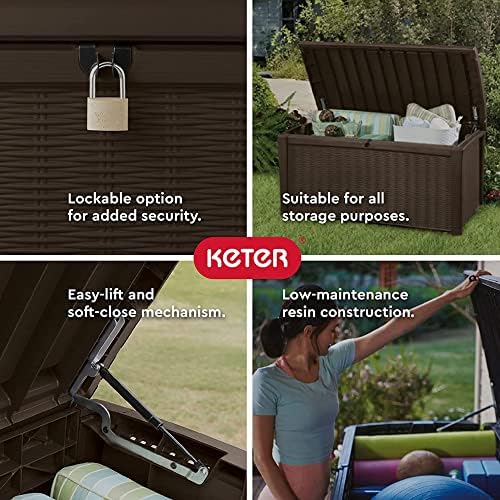 Keter Borneo 110 Gallon Resin Deck Box - Organization and Storage for Patio Furniture, Outdoor Cushions, Throw Pillows, Garden Tools and Pool Toys, Brown | for Patio, Backyard & Garden - Lockable, Organizing, and Waterproof Plastic Container Bench
