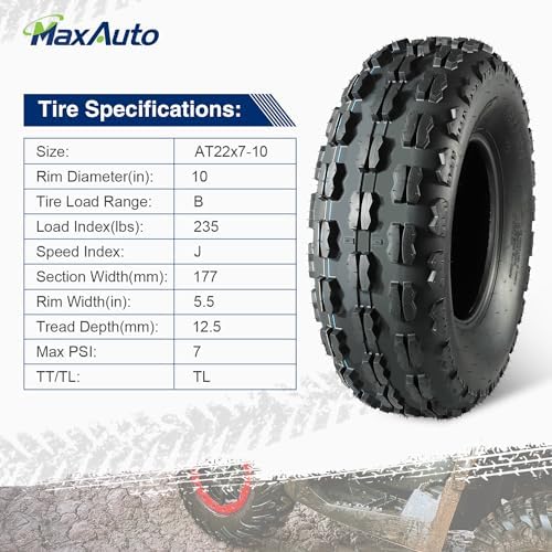 MaxAuto 22x7-10 22-7-10 Front ATV Tires Quad Sport ATV UTV Tires 22x7x10 4-Ply Mud Sand Snow and Rock Tire Tubeless Knobby Sport-tires, Set of 2