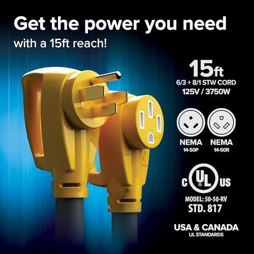 Camco Power Grip 25-Ft 50 Amp RV Extension Cord - NEMA 14-50P Male & FSS2-50R Locking Female Connectors - Rated for 125/250 V/12,500 W - Features Copper 6/3 + 8/1-Gauge Wires for Conductivity (55542)