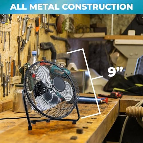 EZ-CHILL 12” Cradle Floor Fan, 3 Speed, High Velocity, 180 Degree Adjustable Tilt, All-Metal, Carry Handle, Rubber Feet, Airflow 15.42 ft/sec, Ideal for Home, Bedroom & Office, Black