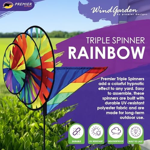 Premier Kites Triple Spinner Rainbow – Eye-Catching Garden Spinner with Colorful Triple Wheels, Durable Weather-Resistant Fabric, Easy Assembly