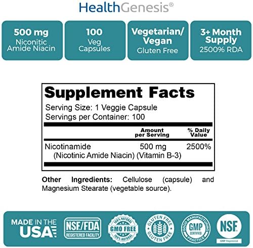 B-3 Nicotinamide 500 mg 100 Vcaps - Nicotinic Amide Niacin Natural Flush-Free Vitamin Formula - Supports Skin Cell Health