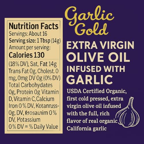 Garlic Gold Extra Virgin Olive Oil Infused with Garlic, Premium Certified USDA Organic, Low FODMAP, Cold Pressed (250 mL, 6 Pack) | 8.44 Fl Oz - 250 ml (6 Pack), First Cold Pressed, Hand Crafted, Artisanal, USDA Organic, Low FODMAP, Gluten Free