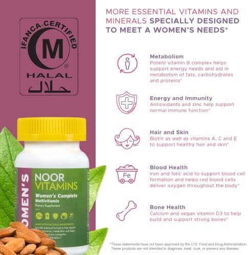 Noor Vitamins Halal Womens Multivitamin & Mineral I Once Daily Vitamin Supplement I Vegan | Supports Energy, Immunity, Metabolism