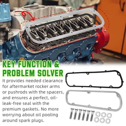 Valve Cover Spacer and Gasket Kit for Ford 289 302 351W SBF V8 | Includes 1/2 Inch Aluminum Spacers, Steel Core Gaskets