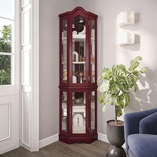 BELLEZE Lighted Corner Display Curved Top Curio Cabinet Wooden Shelving Unit with Tempered Glass Door
