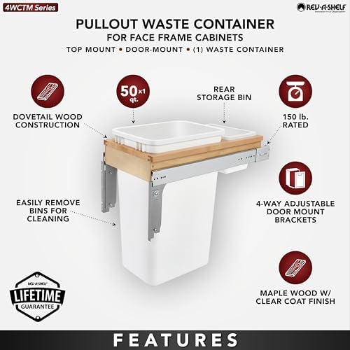 Rev-A-Shelf - 4WCTM-1550DM-1 - Single 50 Qt. Pull-Out Top Mount Wood and White Waste Container for 1-1/2 in. Face Frame Cabinet