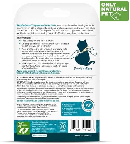 Only Natural Pet Flea and Tick Prevention for Cats - EasyDefense Flea Remedy - Natural Flea Care Control Squeeze-On Drops - Three Months Supply (1-Pack)