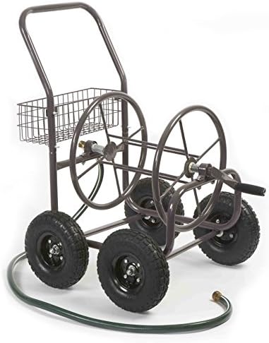 Liberty Garden Residential Grade Four Wheel 250 Foot Capacity Steel Frame Water Hose Reel Cart with Basket for Backyard, Garden, or Home, Brown