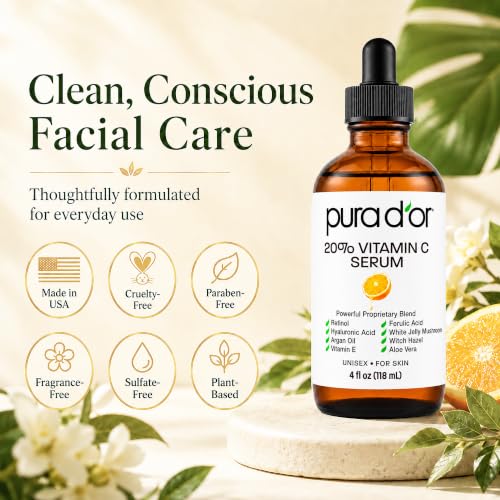 PURA D'OR 20% Vitamin C Anti-Aging Facial Serum, 4 fl oz | Smoother-Looking Texture, pH Balanced, Ferulic Booster, Antioxidant Support, Uneven Tone