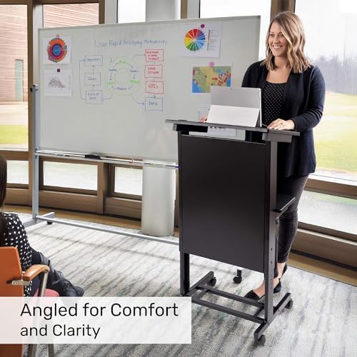 Stand Up Adjustable Height Lectern Podium | Rolling Desk with Storage Shelf | Ergonomic Standing Desk Frame for Office, Classroom, Laptop, Teaching, Presentations & More (Dark Walnut)