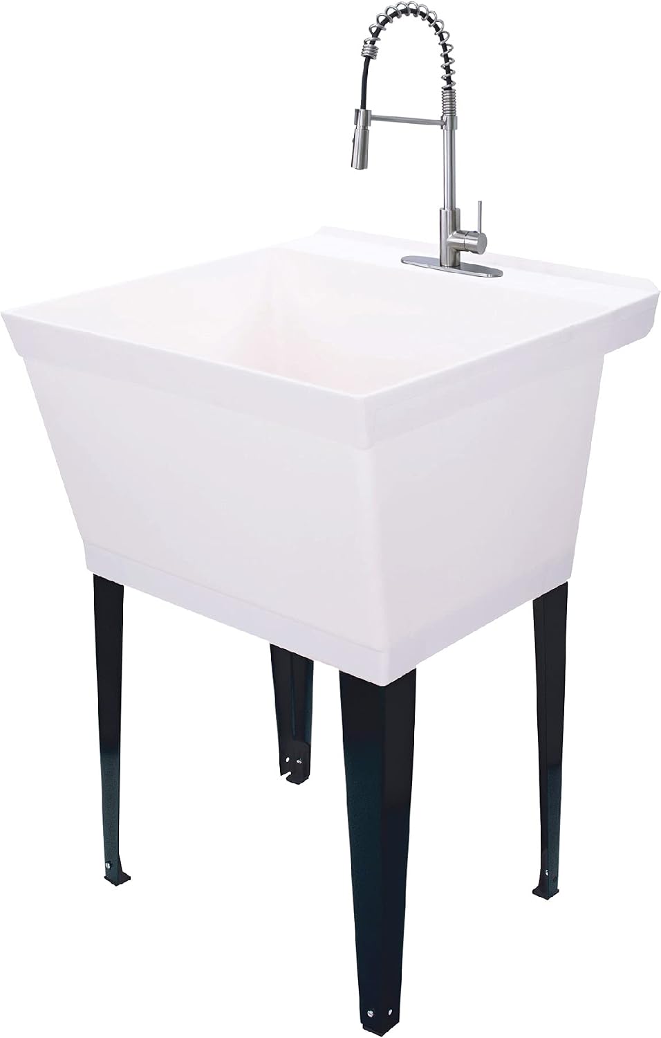 Utility Sink Extra-Deep Laundry Tub in White with High-Arc Stainless Steel Coil Pull-Down Sprayer Faucet, Integrated Supply Lines, P-Trap Kit
