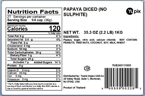 Yupik Dried Papaya, Diced, 2.2 lb (35.2 oz), Gluten-Free, Vegan, Kosher, Sweetened Tropical Dried Fruits, Cubed Papaya Pieces, No Added Sulphites, Fruity Snacks, For Baking, Topping & Inclusions