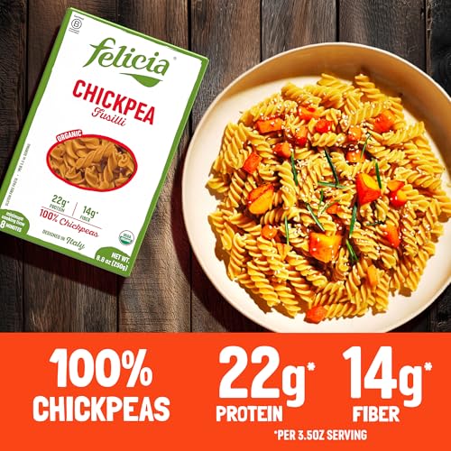 Felicia Chickpea Fusilli Gluten Free Pasta, 22G Protein, 8.8 Oz, 6 Pack | Organic, High Fiber, 14G Fiber, Made from 100% Chickpeas, Plant Based