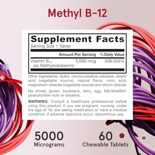 Jarrow Formulas Methyl Vitamin B12 5000 mcg - 60 Chewable Tablets, Naturally Fruit Flavored- Bioactive B12 Vitamin - Supports Cellular Energy Production, Brain Health & Metabolism - 60 Servings | Fruit Flavored, Bioactive B12 Vitamin, Supports Cellular E…