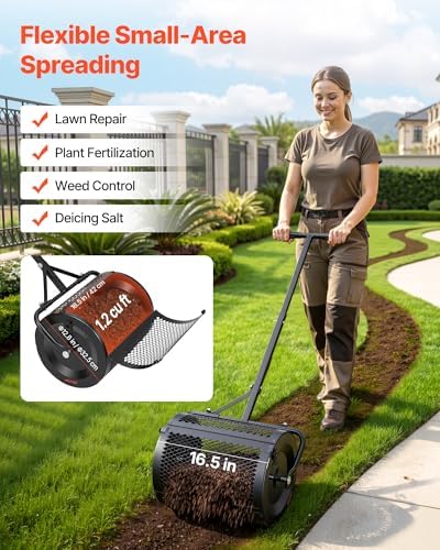 VEVOR Compost Spreader, 36" Wide Peat Moss Spreader with Push/Tow Handle, 4 Heights Adjustable, Powder-Coated Steel Garden Peat Moss Roller, Heavy Duty Grass Seed Roller for Planting Seeding, Black
