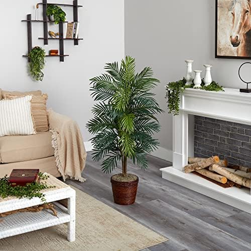 Nearly Natural 56 in Artificial Areca Palm Tree with Basket Floor Plant | Thirty-Two Lifelike Leaves, Wicker Basket Included