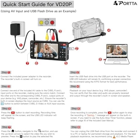 Portta VD20P VHS to Digital Converter with 5" HD Screen, Video Capture Recorder Convert to MP4 Compatible with VHS, VCR, DVR, DVD, Hi8, Mini DV