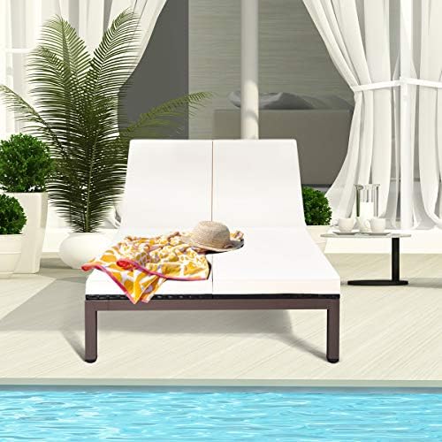 Tangkula 2-Person Patio Lounge Chair, Outdoor Rattan Double Wicker Daybed Chaise with Adjustable Backrest Wheels & Cushion