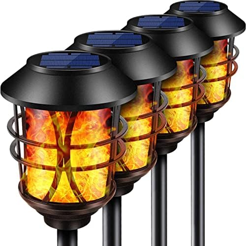 TomCare Solar Lights Outdoor Metal Flickering Flame Torch Lights, 4 Pack | Realistic Flame Effect, Heavy Duty, Charges in 6-8 Hours