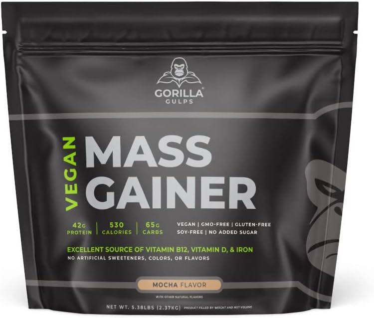 Gorilla Gulps – Mocha Vegan Mass Gainer – 5 lb Natural High Calorie Protein Powder – GMO, Gluten, Dairy