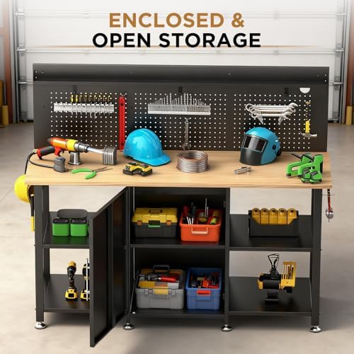 60 Inch Heavy Duty Workbench with Storage Cabinet, Wooden Top, 2000 lbs Capacity, Garage Work Table with Pegboard, Power Outlet, Leveling Feet, Black