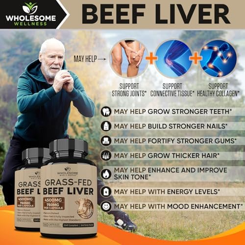Wholesome Wellness Grass Fed Desiccated Beef Liver Capsules (180 Pills, 750mg Each) - Natural Iron, Vitamin A