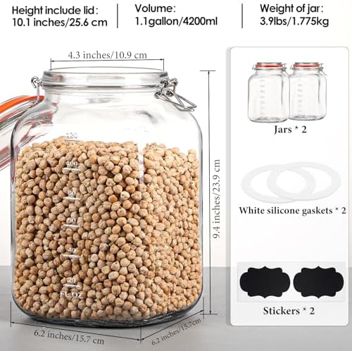 Qianfenie 1.1 Gallon Wide Mouth Airtight Glass Storage Containers with Lids