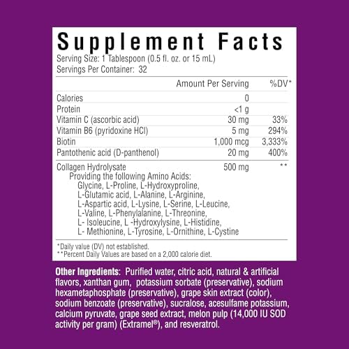 Rejuvicare Liquid Collagen Beauty Formula with Amino Acids, Protein and Biotin, Delicious Grape Flavor, Purple 16 oz ,32 servings