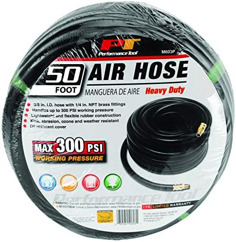 Performance Tool M603P 3/8 in. x 50 ft. Rubber Air Compressor Hose | 1/4-inch NPT fittings. Handles up to 300 PSI. Flexible, lightweight shop air hose is kink and weather resistant
