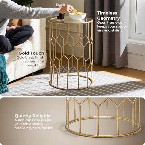 Click365 Harper Round Glass Accent Side Table, 16 Inch Modern End Table with Gold Metal Geometric Frame for Living Room, Bedroom or Small Spaces