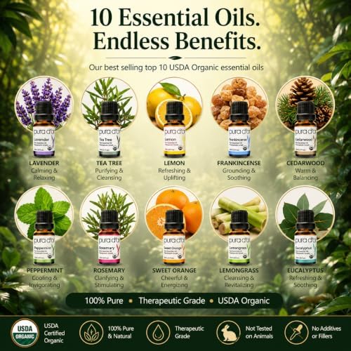 PURA D'OR Organic Perfect10 Essential Oils Aromatherapy Box Set, 10mL x10