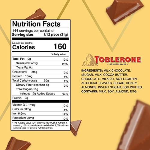 TOBLERONE Milk Chocolate Bar with Honey and Almond Nougat, 20 Bars | Bulk Chocolate
