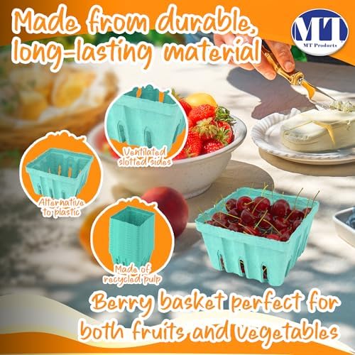 MT Products Green Berry Basket 1 Quart - Molded Pulp Fiber Vented Produce Basket (Pack of 15) - Made in the USA