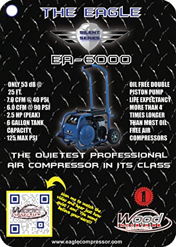 Eagle EA-6000 Silent Series 6000 Portable Electric Air Compressor 125 PSI MAX Hot Dog with Panel and Wheels, Ultra- Quiet, Blue, 6 Gallon