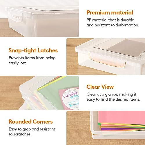 Lifewit Paper Organizer Storage with Lid, Fits 8.5" x 11" Letter, 4 Pcs | Multi-Purpose Plastic File Box with Latching Lids
