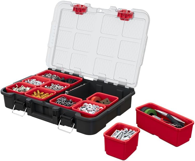 Keter Masterloader Resin Rolling Tool Box with Locking System and Removable Bins – Perfect Organization and Storage Chest for Power Drill, Tape Measure, and Screwdriver Set, Black | Black, Heavy Duty, Weatherproof, All Terrain Wheels, Durable, Easy Slide…
