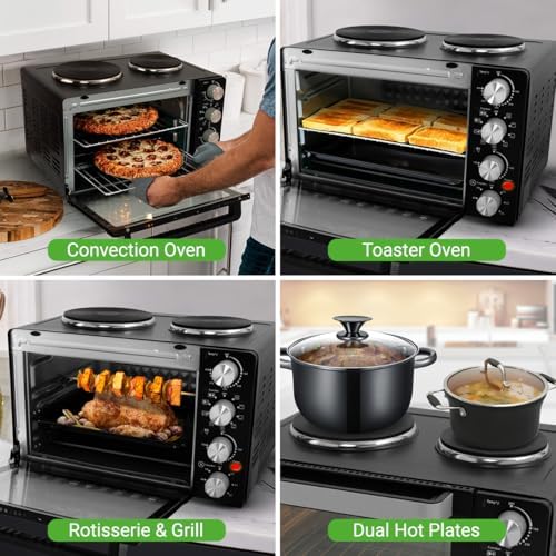 NutriChef 30 Quart Kitchen Convection Oven & 2 Burner Cooker - 1500 Watt Oven - 7 Cook Functions Rotisserie, Cook, Bake