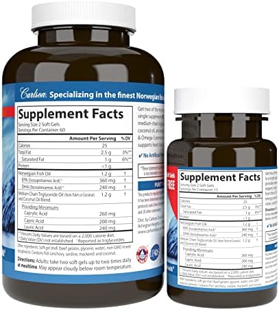 Carlson MCT & Omega-3, Keto-Friendly, Coconut Oil, 120 + 30 Softgels | Medium Chain Triglycerides, Caprylic & Capric Acids, EPA and DHA