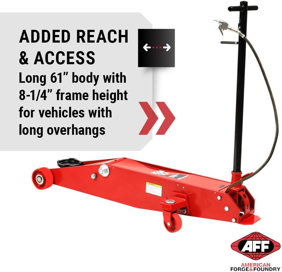 AFF 10 Ton Air Hydraulic Long Chassis Jack - for Long Overhang Vehicles | 10 T Floor Jack with Foot Pump & 3-Position Lock Handle - Ideal for Repair Shops, Bus & Truck Fleets, Heavy Duty Equipment